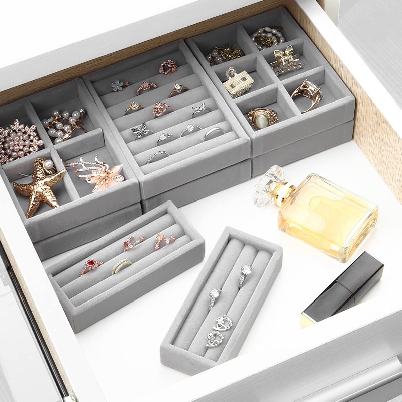 DesignSter Small Jewelry Tray, 2PCS Ring Organizer, Velvet Jewelry Display Tray, Stackable Jewelry Organizer Trays, Jewelry Drawer Organizer Inserts For Dresser, Jewelry Box (Gray) - Image 4